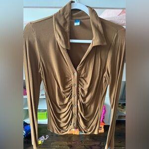 Women’s Brown Ridged Button up Blouse.
